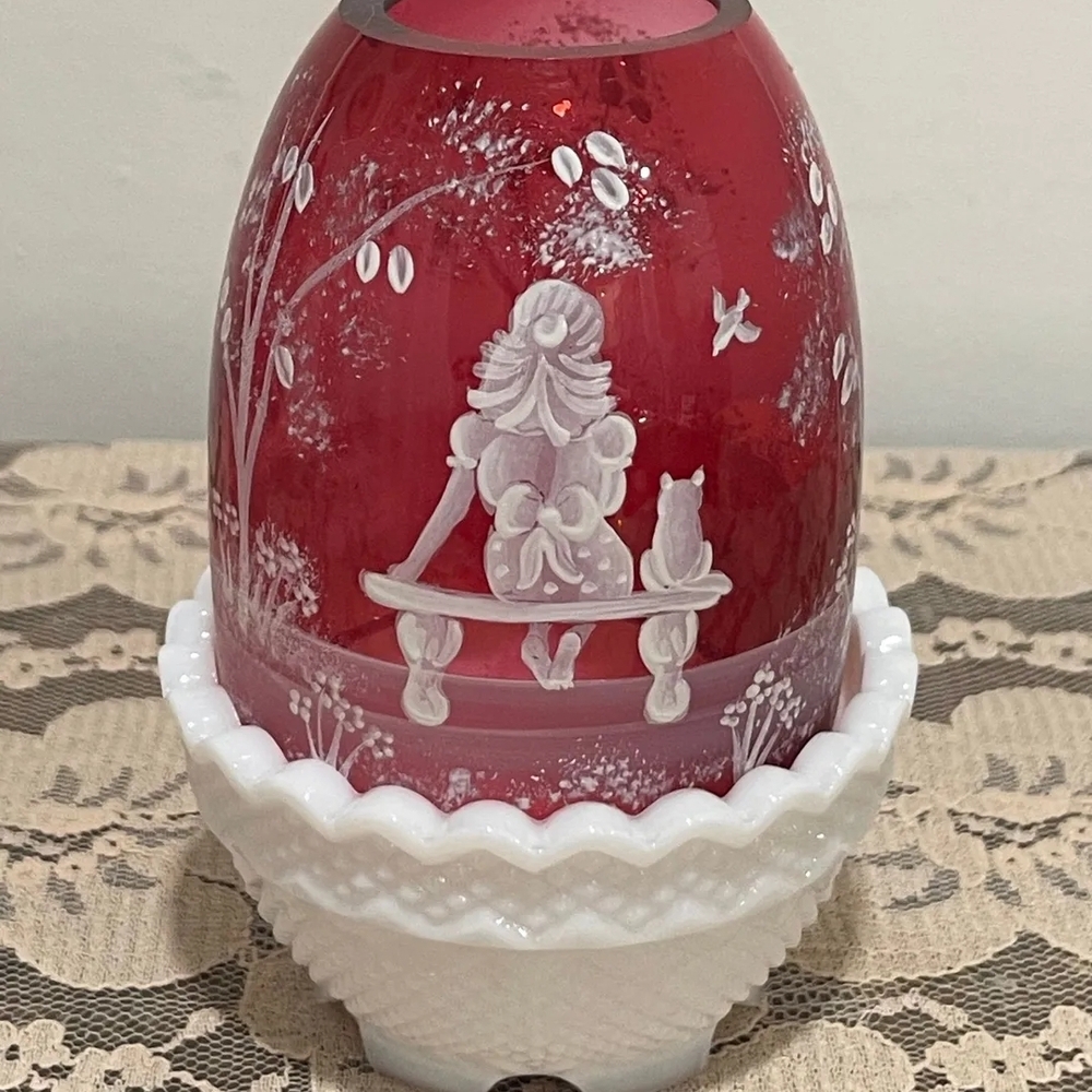 Fenton Red and White Hand-Carved Girl & Cat Glass Accent